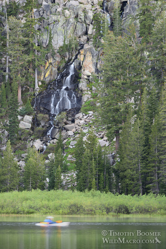 A kayaker paddles across Woods Lake, near Carson Pass. Eldorado National Forest, Alpine County, CA. Stock Photo ID=SCE0156 A kayaker paddles across Woods Lake, near Carson Pass. Eldorado National Forest, Alpine County, CA. Stock Photo ID=SCE0156